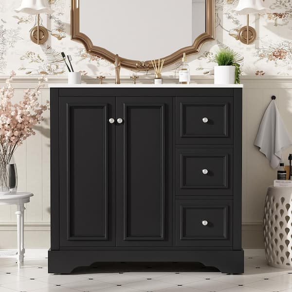 36 in. Single Sink Freestanding Black Bath Vanity with White Ceramic Top, Divider Drawer, Door Racks