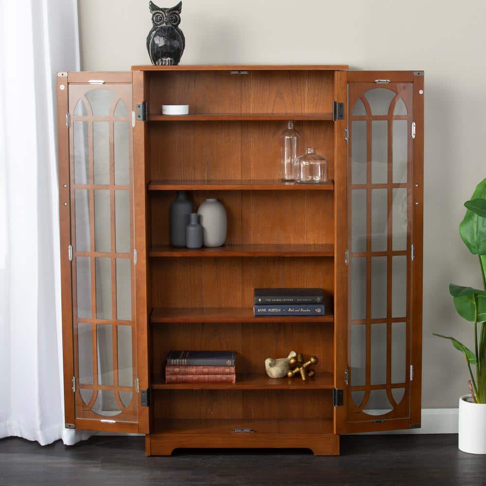 Traditional Oak Media Cabinet with Tempered Glass Doors