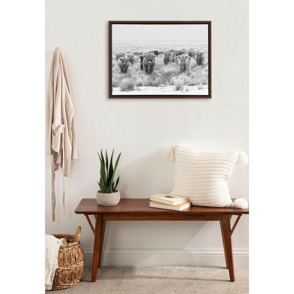 Herd of Highland Cows Black and White Canvas Print with Brown Frame