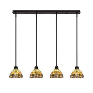 Albany 60-Watt 4-Light Espresso Linear Pendant Light with Amber Dragonfly Art Glass Shades and No Bulbs Included