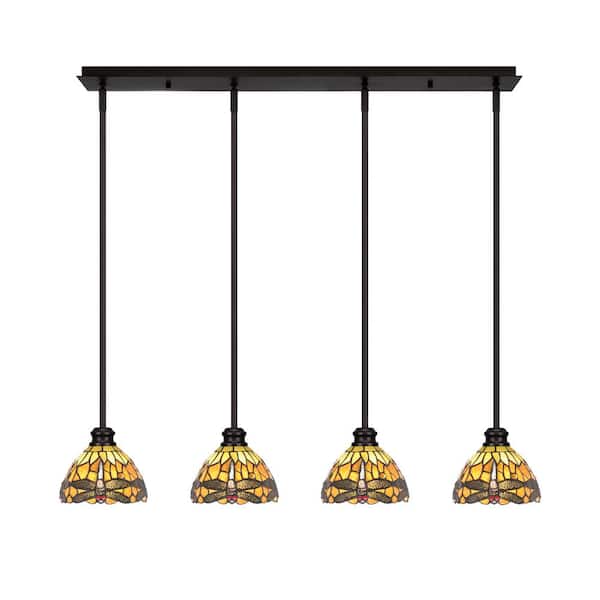 Unbranded Albany 60-Watt 4-Light Espresso Linear Pendant Light with Amber Dragonfly Art Glass Shades and No Bulbs Included