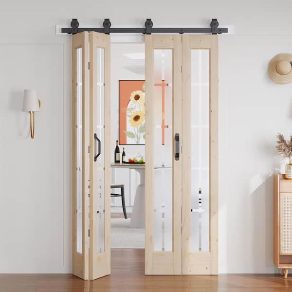 48 in. x 84 in. Full Lite Pre-Assembled Frosted Glass Solid Core Wood Bi-fold Door with Hardware