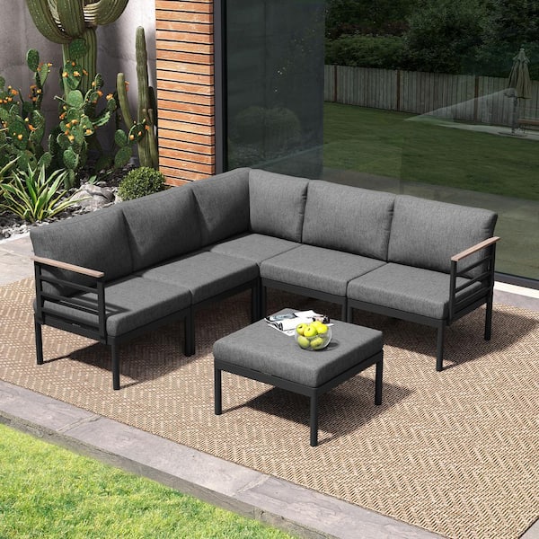 Crestlive Products 6-Piece Aluminum Outdoor Sectional Set with Armrests and Dark Gray Cushions