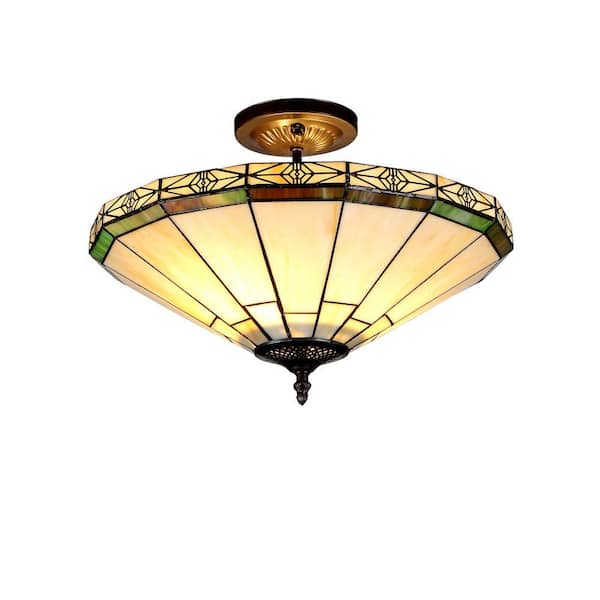 Chloe Lighting Belle 2-Light Bronze Tiffany Style Mission Semi Flush Mount Ceiling Fixture with 16 in. Shade