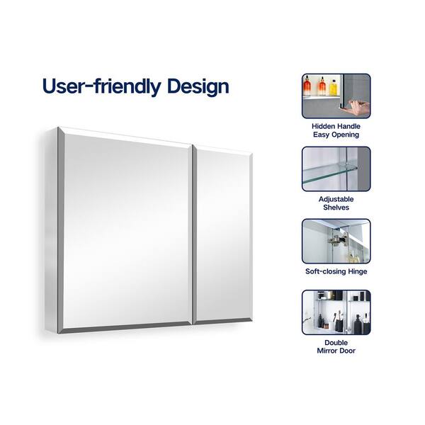 WELLFOR 30-in x 26-in Surface/Recessed Mount Aluminium Mirrored Soft Close Medicine Cabinet