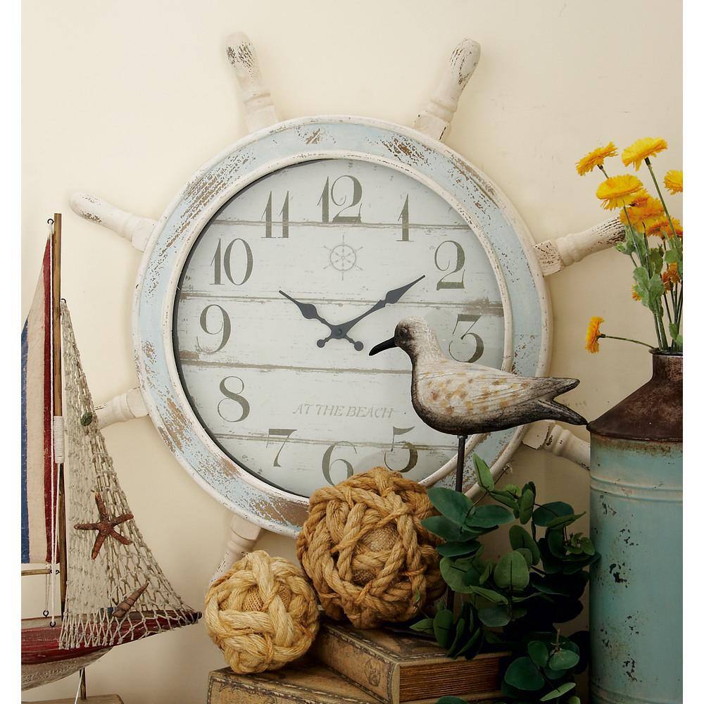 Blue and White Ship Wheel Nautical Wall Clock, 28"