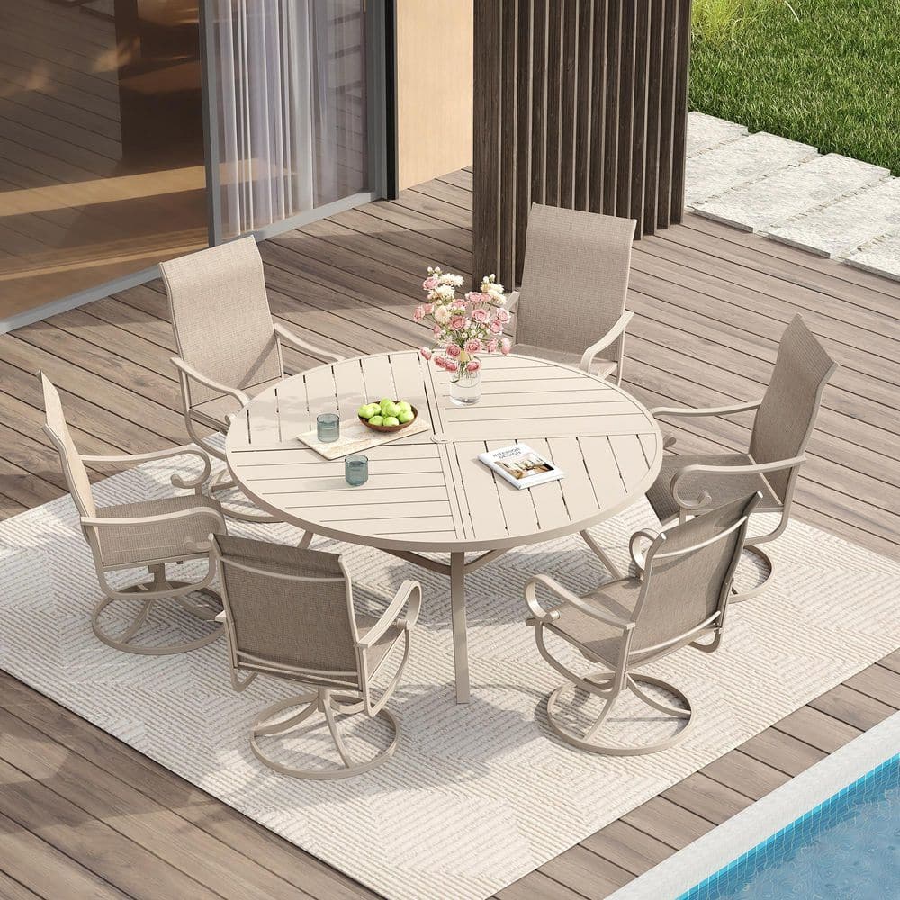 7-Piece Outdoor Patio Dining Set with 50 in. Sandshell Metal Round Table and 6-Sandshell Textilene Swivel Chairs price history on PriceWatchPro
