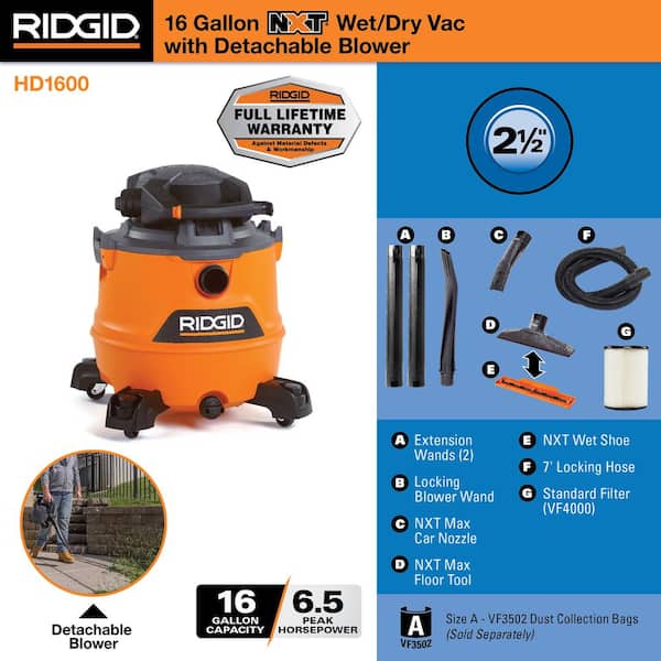 16 Gal. 6.5 Peak HP NXT Shop Vacuum Wet Dry Vac with Detachable Blower, Filter, Locking Hose and Accessories HD1600