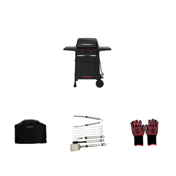 2-Burner Black Propane Grill, 49 in. Cover, 8-Piece Tool Set and Grilling Gloves Combo