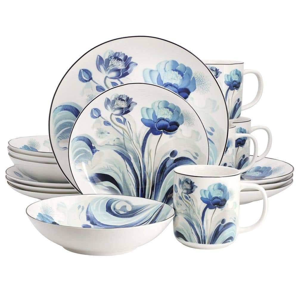 Pastel Poppy 16 Piece Floral Design Round Porcelain Dinnerware Set in Blue
