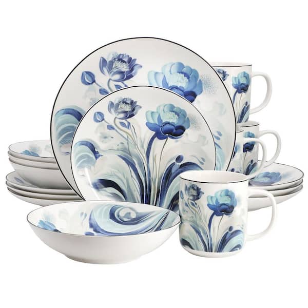 Elama Pastel Poppy 16 Piece Floral Design Round Porcelain Dinnerware Set in Blue