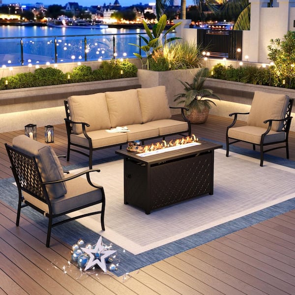PHI VILLA Black Metal Meshed 5 Seat 4-Piece Steel Outdoor Fire Pit Patio Set with Beige Cushions, Black Rectangular Fire Pit Table