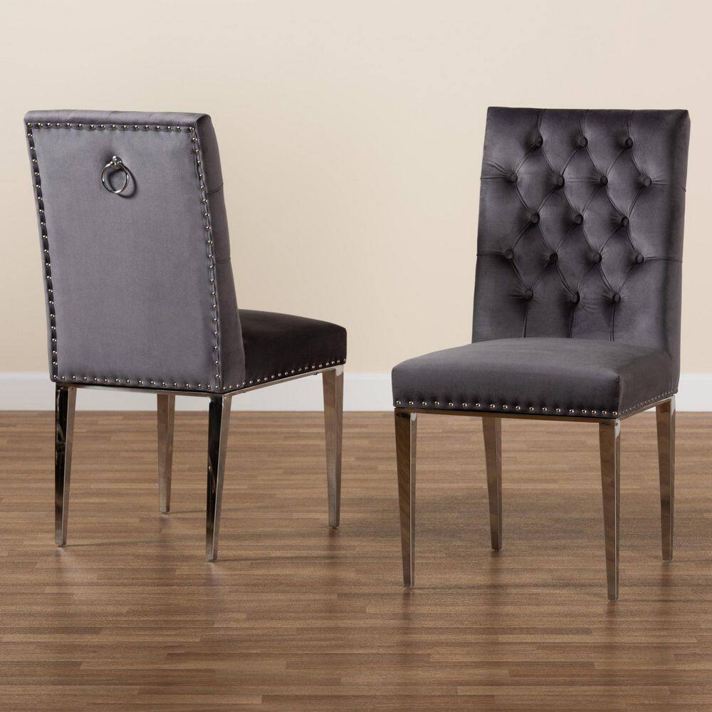 Caspera Gray Velvet and Silver Metal Dining Chair Set