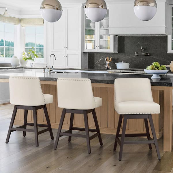 ZY 37 in. H White High Back Wood Faux Leather Swivel Bar Stool With Upholstered Seat Set of 3