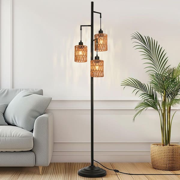 Henveton BappIsle 64.1in. 3-Light Brown Standing Tree Floor Lamp with Cylinder Rattan Shade, Farmhouse Wicker Tall Stand Light