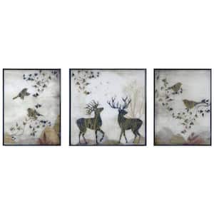 "Bird and Elk" Glass Framed Wall Decorate Art Print (3 pcs) 32 in. x 32 in.