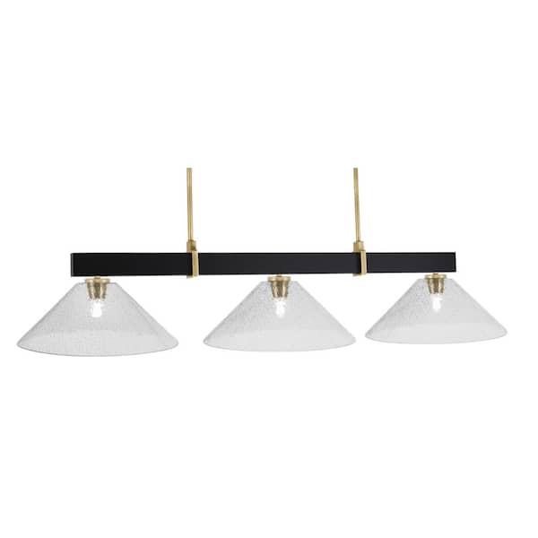 Balmore 3-Light Matte Black and New Age Brass Billiard Light with 16 in. Smoke Bubble Glass Shades