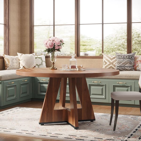 BYBLIGHT Roesler Walnut Round Dining Table, Wood 47 in. Pedestal Stylish Dining Table for 4, A Blend of Function and Aesthetics