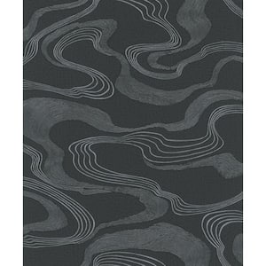 Kumano Collection Black Abstract Flow Design Pearlescent Finish Non-Pasted Vinyl on Non-Woven Wallpaper Roll