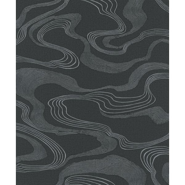 Unbranded Kumano Collection Black Abstract Flow Design Pearlescent Finish Non-pasted Vinyl on Non-woven Wallpaper Sample