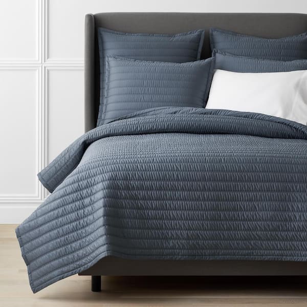 The Company Store Legends Hotel Wrinkle-Free Steel Blue Striped Queen Cotton Sateen Coverlet