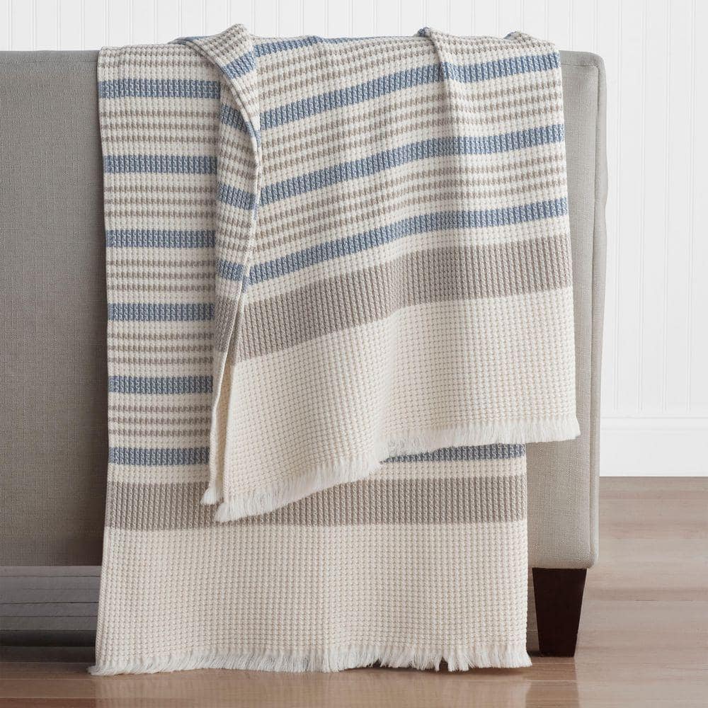 The Company Store Company Cotton Cadence Stripe Blue/Taupe Throw