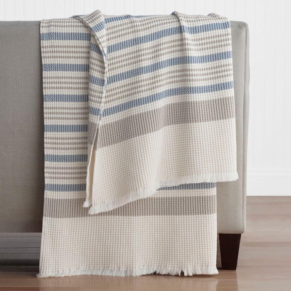 Company Cotton Cadence Stripe Blue/Taupe Throw Blanket