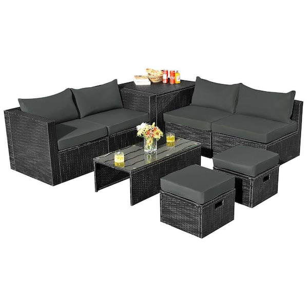 FORCLOVER 8-Piece Wicker Patio Conversation Set with Gray Cushions