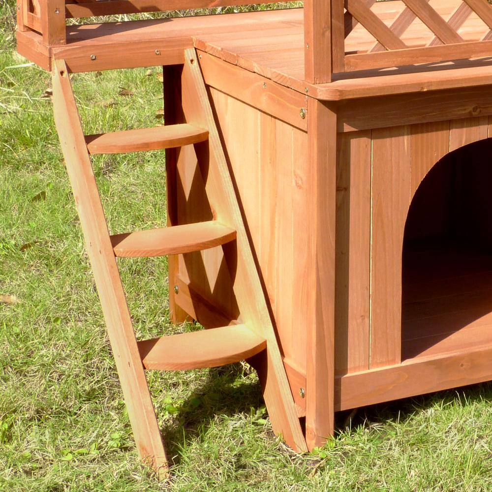 Small Cedar Stain Wooden Dog House with Rooftop Balcony