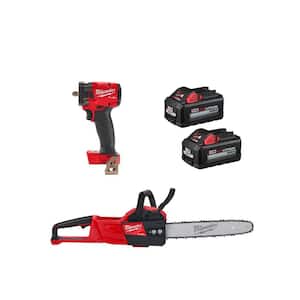 M18 FUEL GEN-3 18V Lithium-Ion Brushless Cordless 3/8 in. Impact w/16 in. 18V FUEL Chainsaw, Two 6Ah HO Batteries