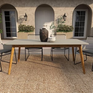 Brown Rectangle Cement Outdoor Dining Table with Wooden Tapered Legs