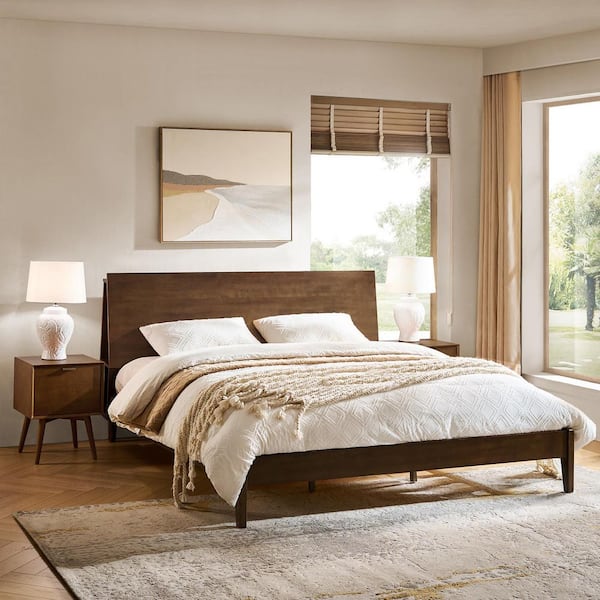 JAYDEN CREATION Michigan Walnut Mid-century Modern Bedroom Set with King Platform Bed and 2 Nighstands