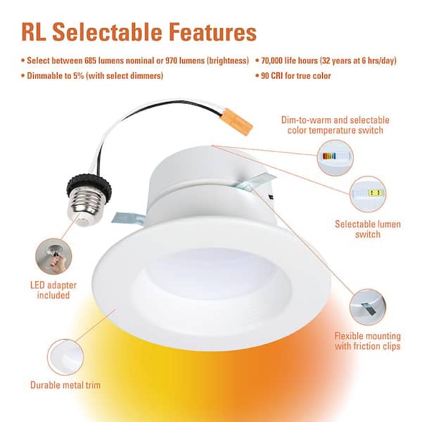 HALO RL4 Series 4-inch recessed LED retrofit module Selectable CCT and  Lumens, Integrated LED Matte white RL4LS9FSD2W1EWH - The Home Depot