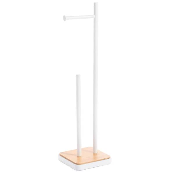 ACENTO Premium Freestanding Toilet Paper Holder in Matte White with Bamboo Accent