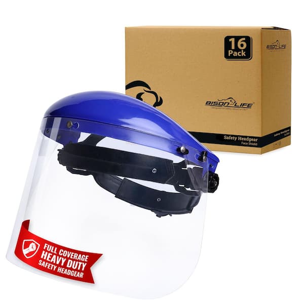 Blue, Safety Headgear with Clear Polycarbonate Face Shield, Replaceable sweatband, Ratchet suspension (16-Pack)