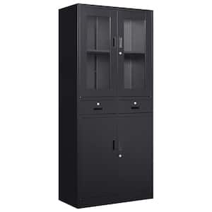70.87'' H 4-Tier Black Storage Cabinet, Metal Cabinets with Glass Doors and Shelves, Kitchen Organization