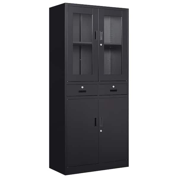 LISSIMO 70.87'' H 4-Tier Black Storage Cabinet, Metal Cabinets with Glass Doors and Shelves, Kitchen Organization