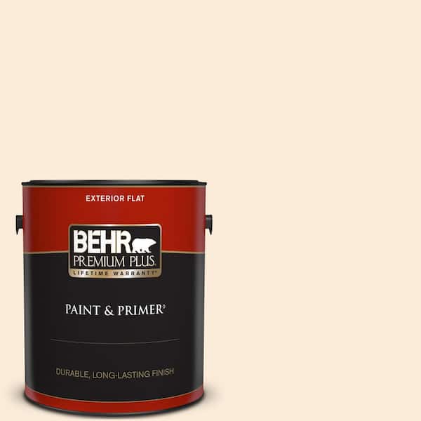 BEHR PREMIUM PLUS 1 gal. #OR-W01 White Blush Flat Exterior Paint & Primer