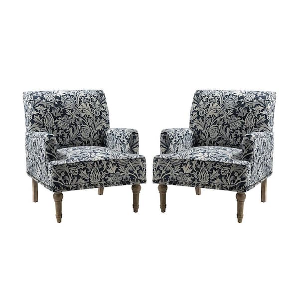 JAYDEN CREATION Latina Navy Floral Patterns Armchair with Nailhead Trim and Turned Solid Wood Legs Set of 2