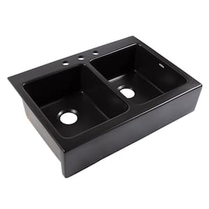 Josephine 34 in. 3-Hole Quick-Fit Farmhouse Apron Front Drop-in Double Bowl Matte Black Fireclay Kitchen Sink