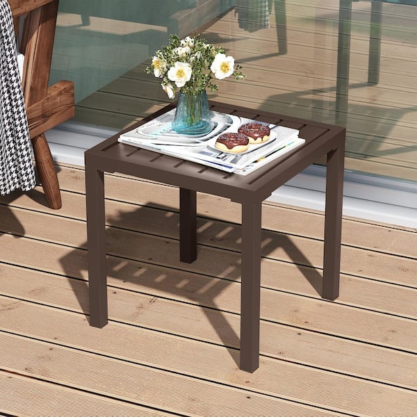 1-Piece 15.7 in. Square Metal Outdoor Side Patio Table in Brown Suitable for Chaise Lounge Chairs