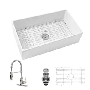 Fireclay 33 in. Single Bowl Farmhouse Apron Workstation Kitchen Sink with Grid and Strainer With Faucet in White