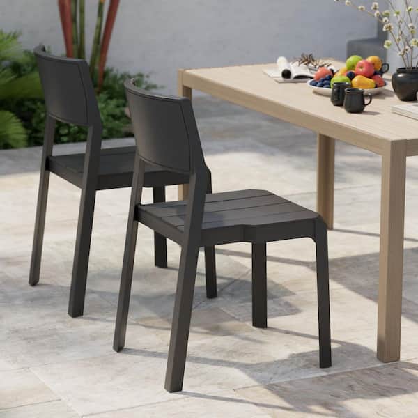 Stackable Dining Chairs Set of 4, Plastic Black Indoor Outdoor Patio Chairs with Wide Seat & Curved Back, No Assembly