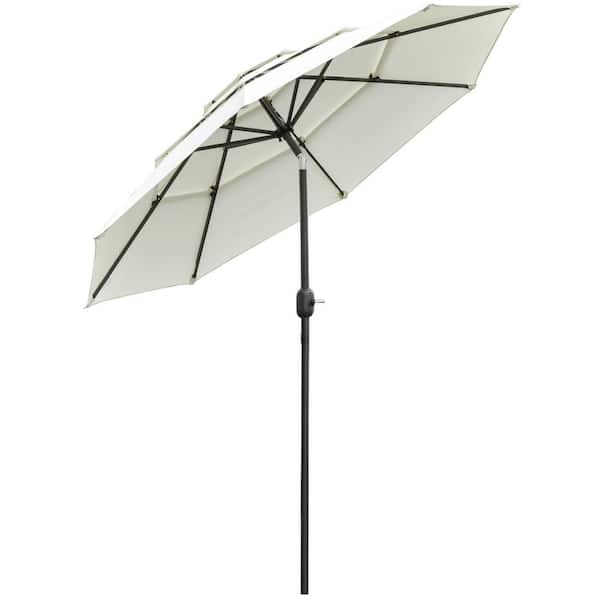 Outsunny 9 ft. 3-Tiers Patio Umbrella Market Outdoor Umbrella in Beige with Crank, Push Button Tilt for Deck in Backyard and Lawn