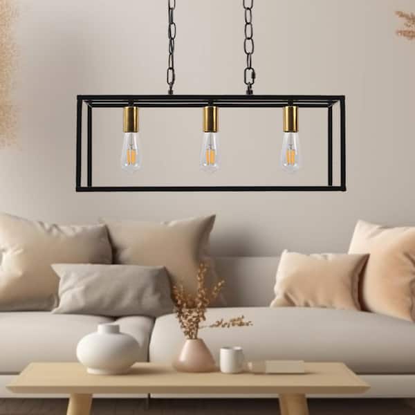 3-Light Matte Black Farmhouse Kitchen Island Pendant Lighting, Modern Rectangular Chandeliers for Dining Room Foyer
