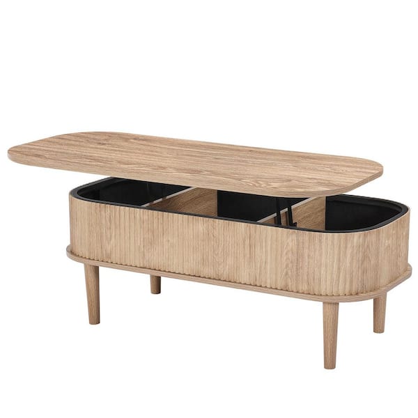 39.4 in. Lift Top Coffee Table, Fluted Oval Coffee Table with 3 Hidden Compartment, Mid Century Wooden Oval Center Desk