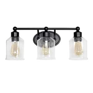 22 in. Black Modern 3-Light Metal and Clear Seeded Glass Shade Vanity Wall Fixture with Matching Metal Accents