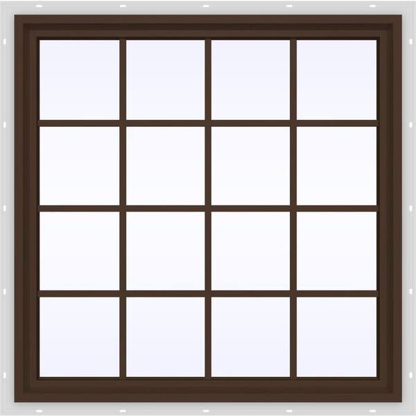 JELD-WEN 47.5 in. x 47.5 in. V-4500 Series Brown Painted Vinyl Fixed Picture Window with Colonial Grids/Grilles