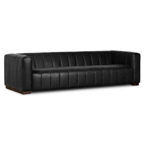 Canale 86 in. Square Arm Leather Rectangle 3-Seater Sofa in Onyx Black