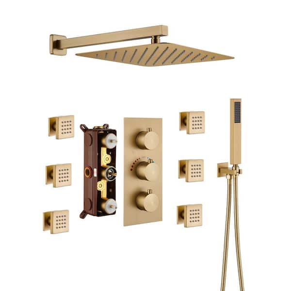 Mondawe Luxury 3-Spray Patterns Thermostatic 12 in. Wall Mount Rainfall Dual Shower Heads with 6-Jet in Brushed Gold